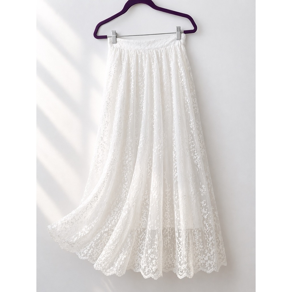 H&M White Lace Midi Skirt Floral Embroidered Sheer Overlay A-Line Size S